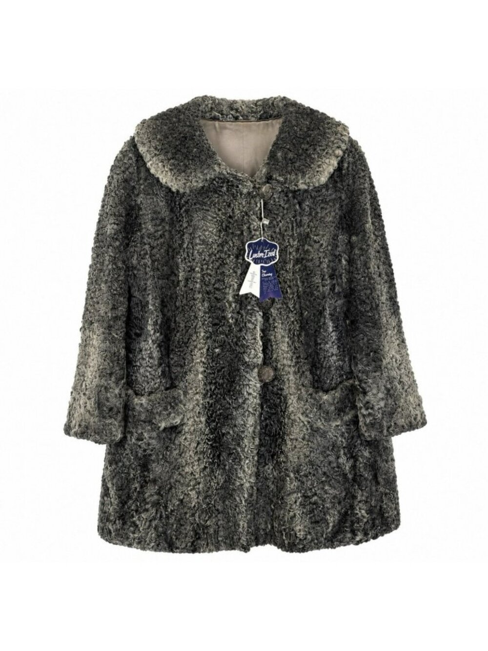Vintage 60's Persian Curly Lamb Fur Swing Coat Gray Shawl Collar Womens Large
